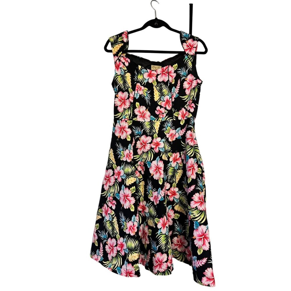 Lindy Bop Black Tropical Floral Fit-and-Flare Dress